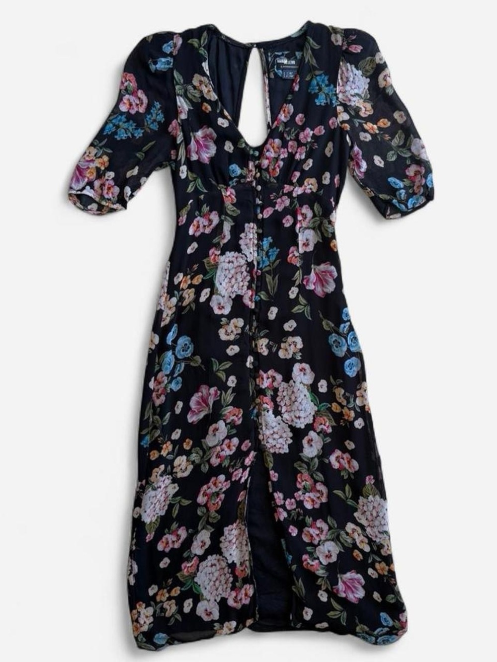 Anthropologie Maeve puff sleeve floral midi dress with button up front